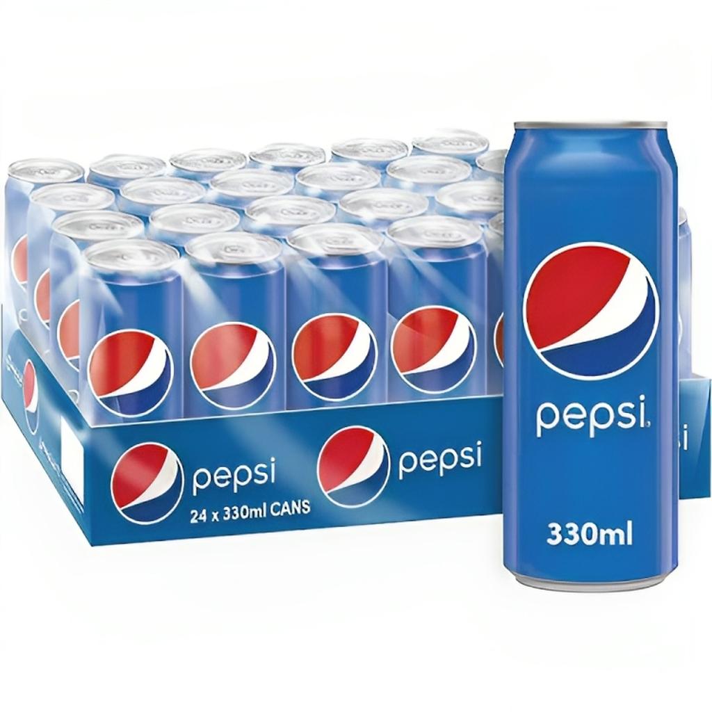 Pack of 24x330ml Pepsi carbonated soft drink cans displayed with one can standing upright showing the logo and volume.