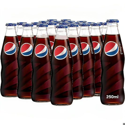 Pack of 24 Pepsi Carbonated Soft Drink in 250ml Glass Bottles with Classic Logo and Blue Caps.