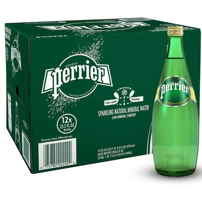 Perrier sparkling natural mineral water bottle and packaging on a white background