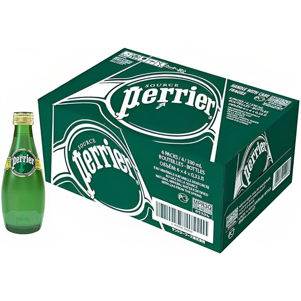 Pack of 24 Perrier Natural Sparkling Mineral Water in green glass bottles, each with 330ml capacity, displayed beside its branded cardboard packaging.