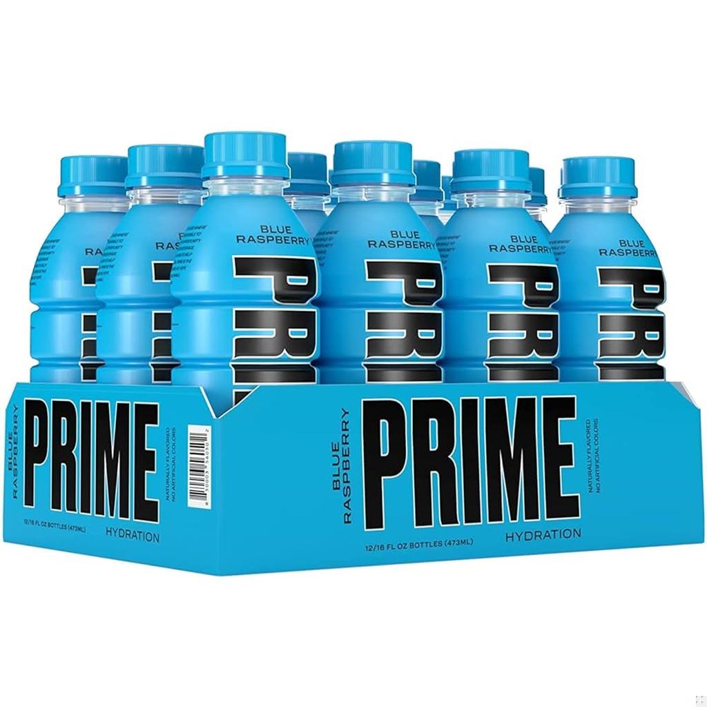 Pack of 12 Prime Hydration Drink Blue Raspberry 500ml bottles on a blue box with branding visible.