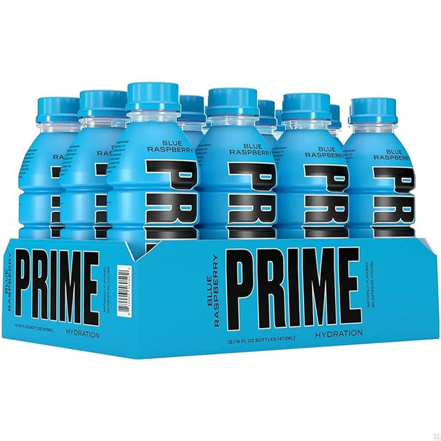 Pack of 12 Prime Hydration Drink Blue Raspberry 500ml bottles on a blue box with branding visible.