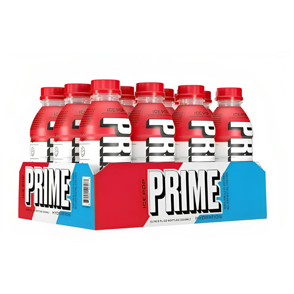 Pack of twelve 500ml Prime Hydration Drink Ice Pop bottles in red with prominent white branding, arranged neatly in three rows.