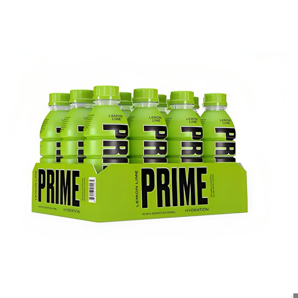 Pack of 12 Prime Hydration Drink Lemon Lime 500ml bottles arranged neatly on a white background.