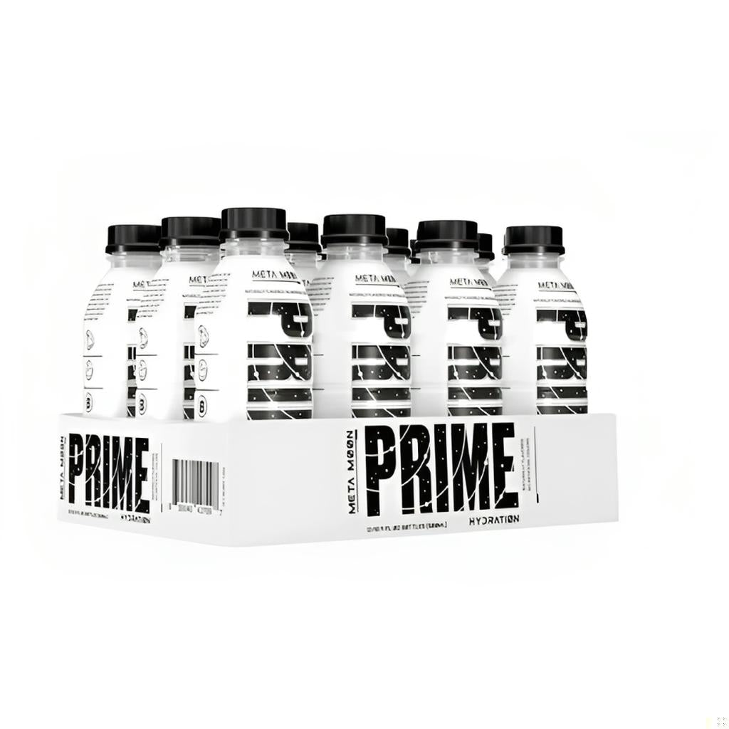 Pack of 12 Prime Hydration Drink Meta Moon Bottles 500ml each, displayed in two rows, with clear branding and nutrient information visible on labels.