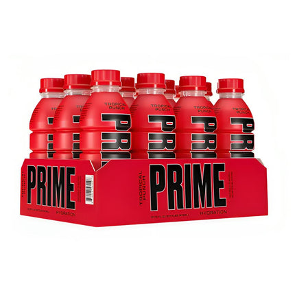 Pack of 12 Prime Hydration Drink in Tropical Punch Flavor, 500ml Red Bottles Displayed on Cardboard Packaging.