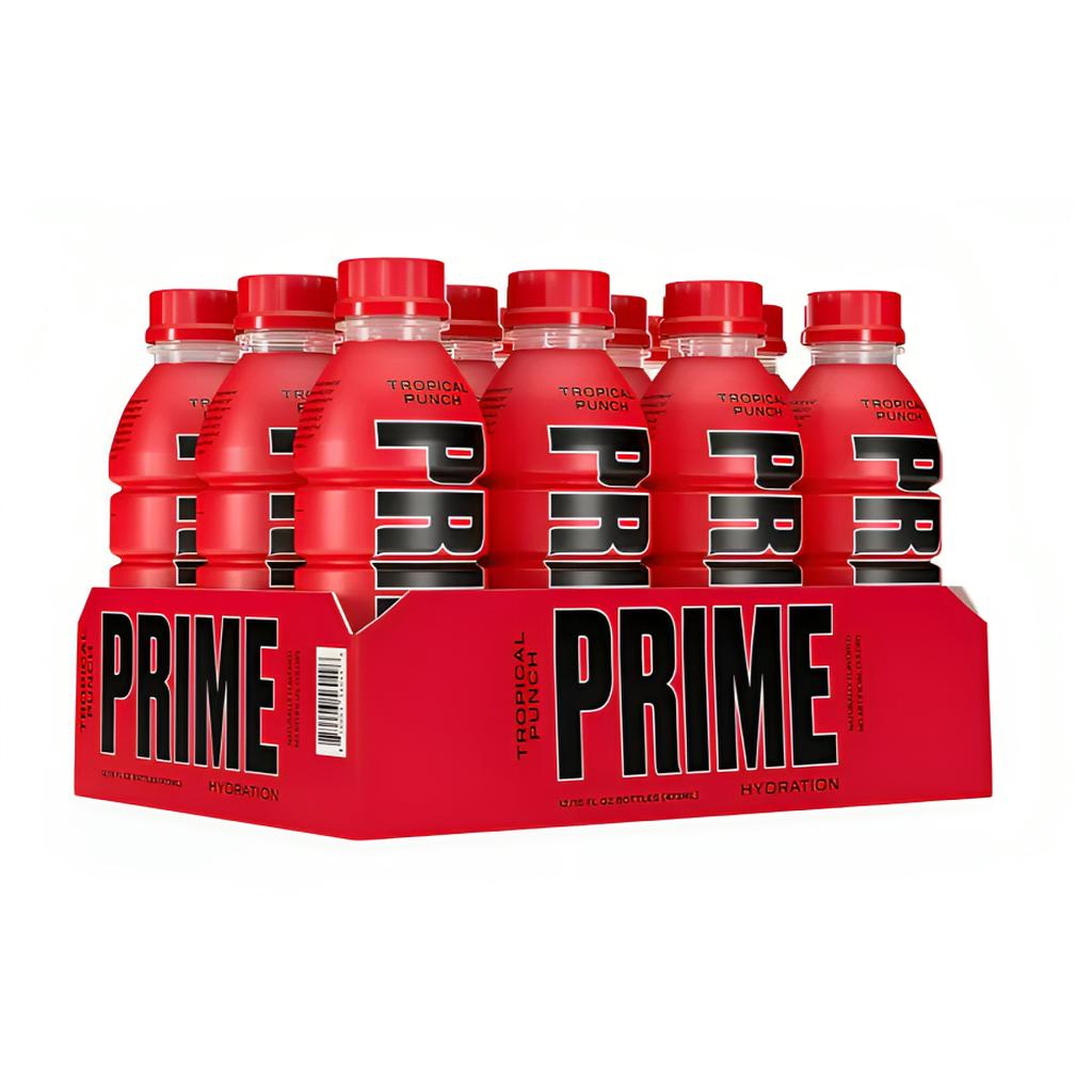 Pack of 12 Prime Hydration Drink in Tropical Punch Flavor, 500ml Red Bottles Displayed on Cardboard Packaging.