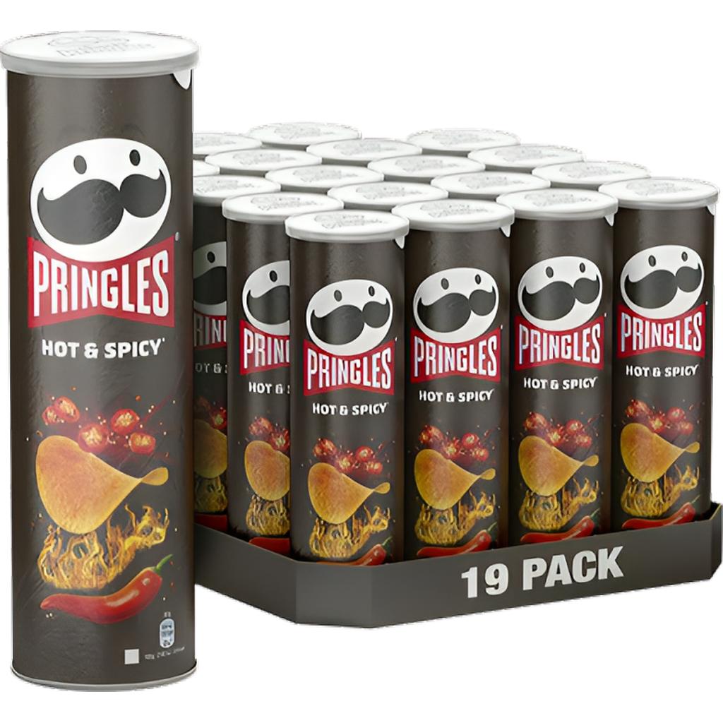 Bulk pack of 19 Pringles Hot & Spicy Potato Chips 165g tubes arranged in a box displaying the iconic Pringles logo and fiery chip imagery.