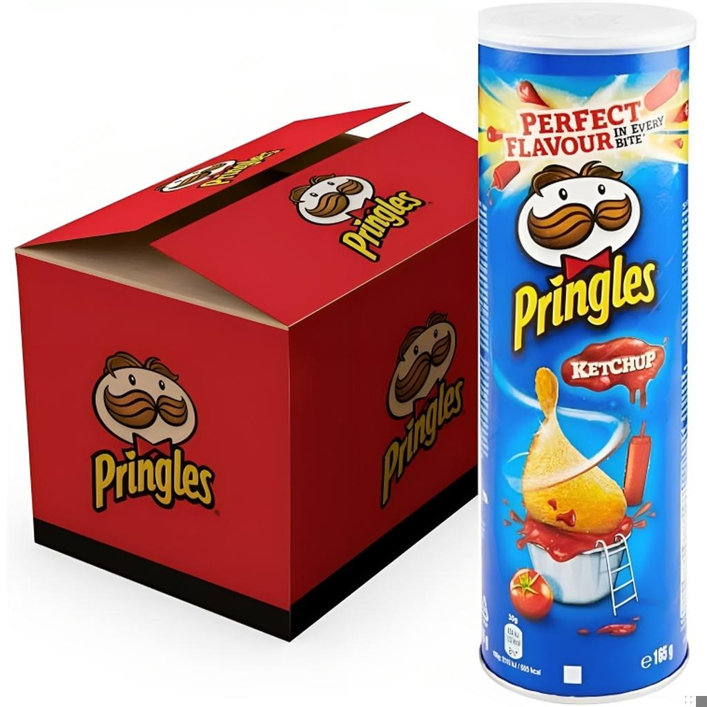 Box of 19x165g Pringles Ketchup Flavor Potato Chips with open packet showcasing the product.