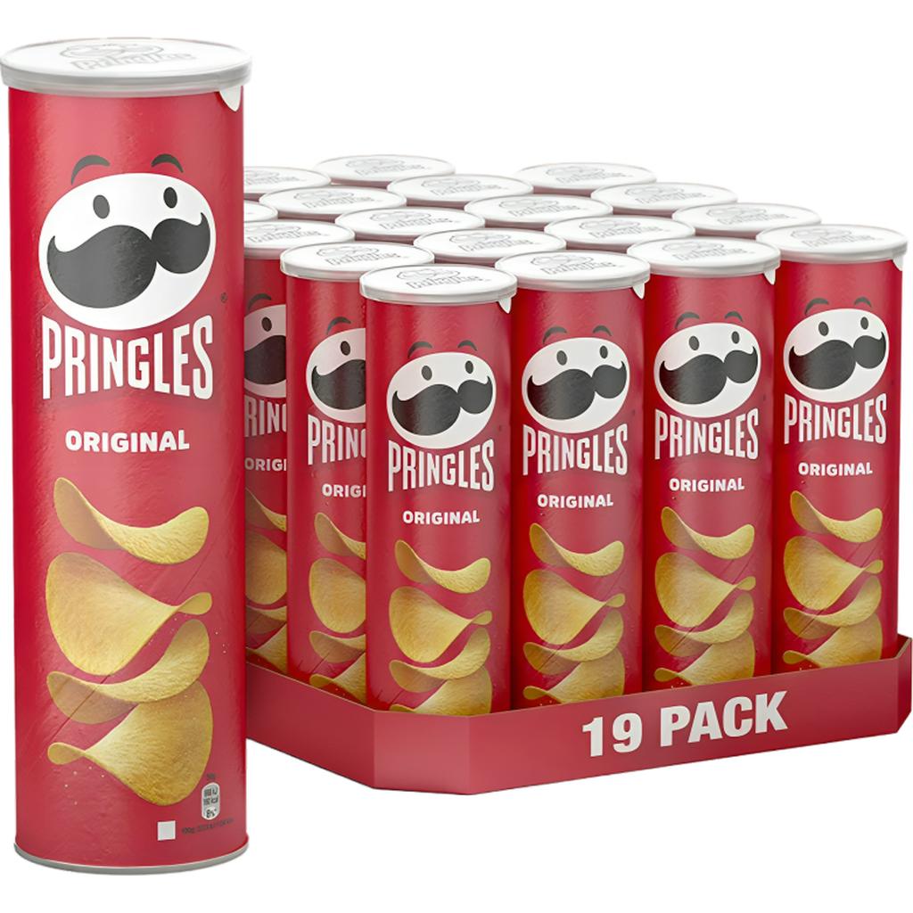 Pack of 19 Pringles Original Potato Chips 165g cans displayed in a red box with iconic Pringles logo.