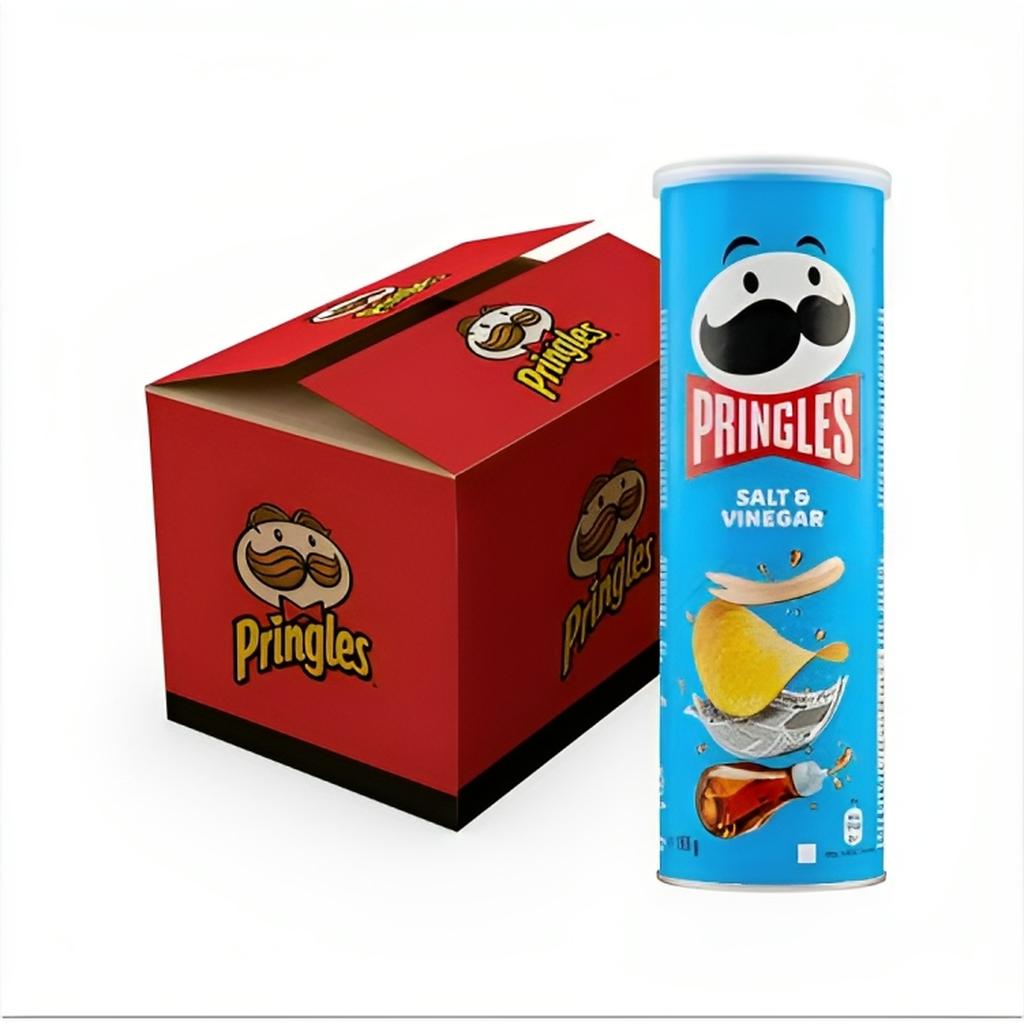 Pack of 19 Pringles Salt & Vinegar Potato Chips 165g cans displayed with one can outside the red Pringles branded box.