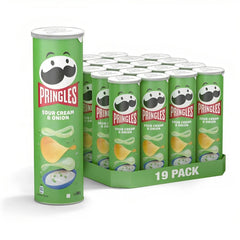 Bulk pack of Pringles Sour Cream & Onion Potato Chips showing 19 canisters of 165g each with distinctive branding and flavor illustration.