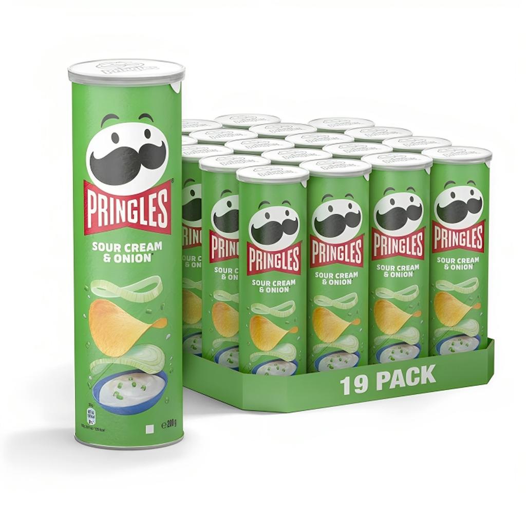 Bulk pack of Pringles Sour Cream & Onion Potato Chips showing 19 canisters of 165g each with distinctive branding and flavor illustration.