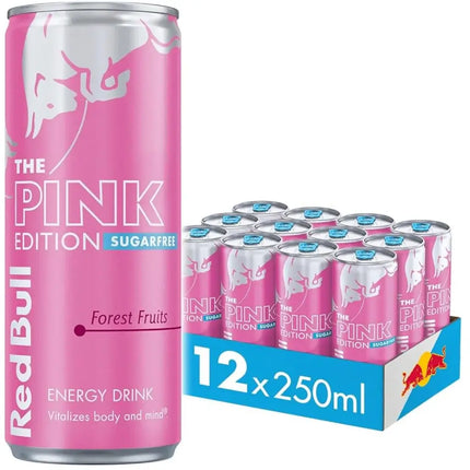 Pink Red Bull energy drink can and a box of 12 cans on a white background