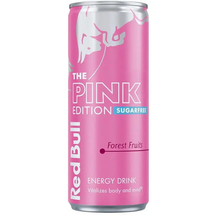 Pink Red Bull energy drink can on a white background