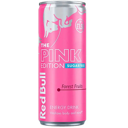 Pink energy drink can with Red Bull branding on a white background