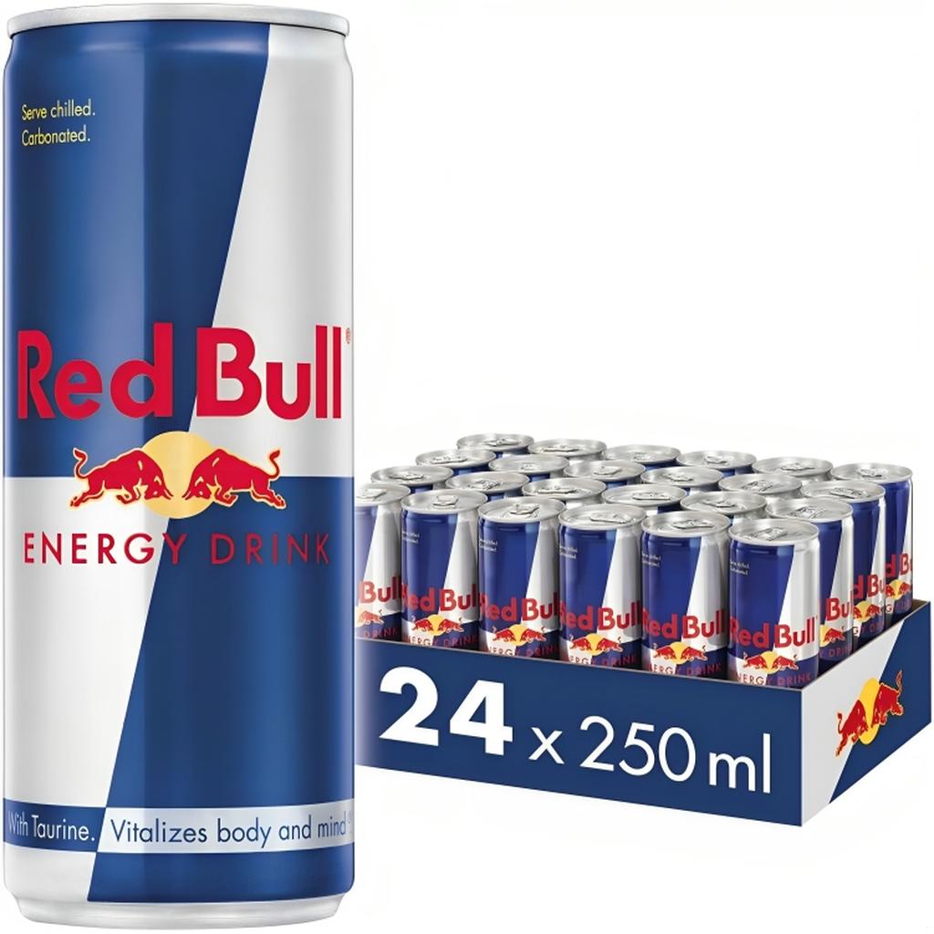 Pack of 24 Red Bull Energy Drink 250ml cans displayed with a close-up on one can showing the logo and serving suggestion.