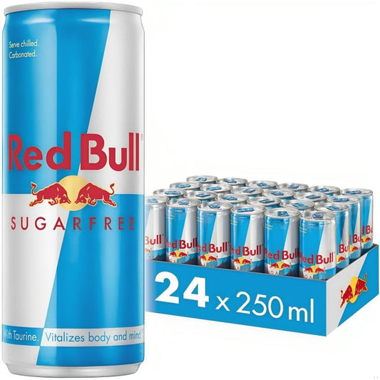 Single Red Bull Energy Drink Sugar Free can alongside a pack of 24x250ml cans displaying the product branding and quantity.