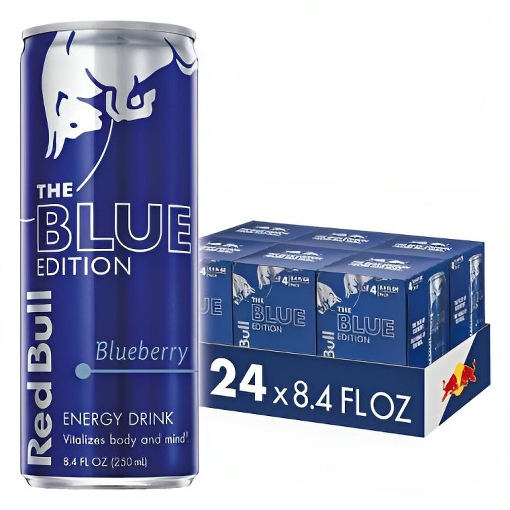 Pack of 24 Red Bull The Blue Edition Blueberry Energy Drink cans, 250ml each, with a single can and cardboard box displayed on white background.