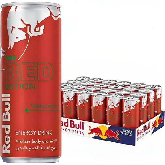 Pack of 24 Red Bull The Red Edition Watermelon Energy Drink 250ml Cans displayed with one can standing in front.