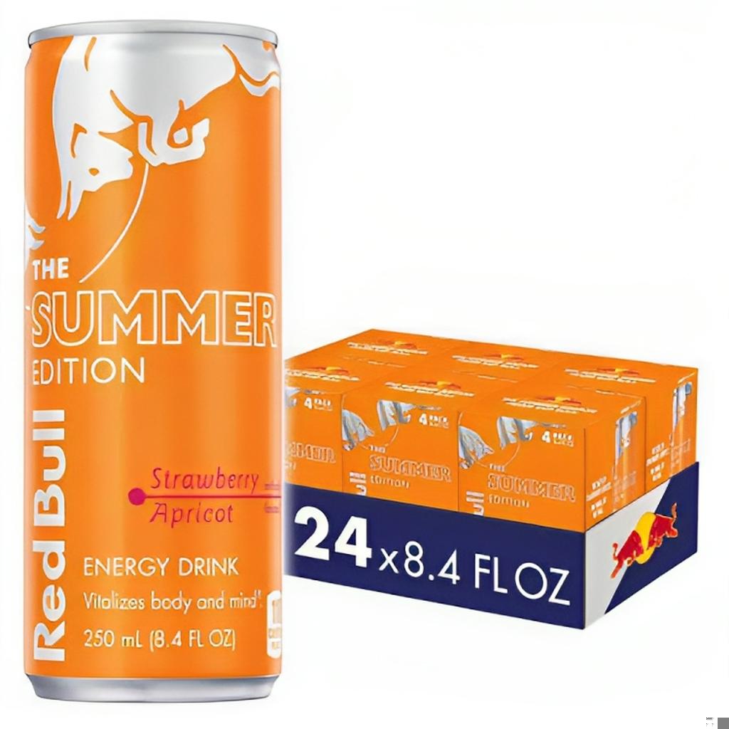 Pack of 24 Red Bull The Summer Edition Energy Drink Strawberry Apricot flavor 250ml cans on white background.