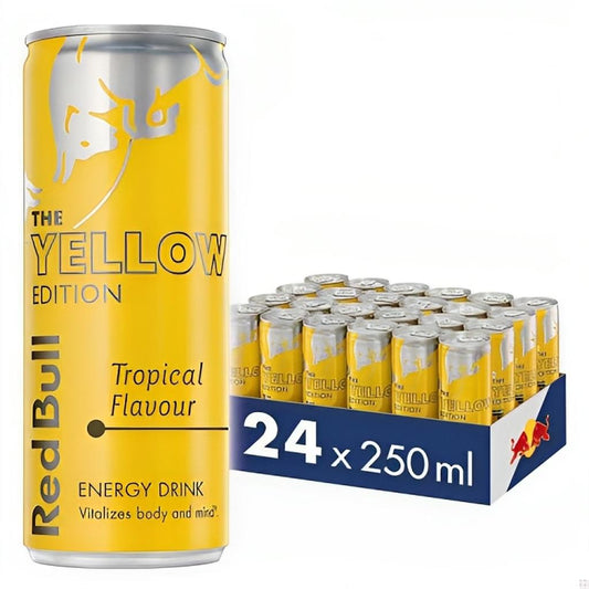 Pack of 24 Red Bull The Yellow Edition Energy Drink with Tropical Flavor in 250ml cans displayed with one can standing next to the box.