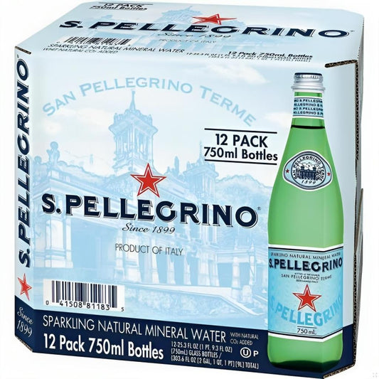 Pack of 12 San Pellegrino Sparkling Natural Mineral Water in 750ml Glass Bottles displayed with one bottle beside the box.