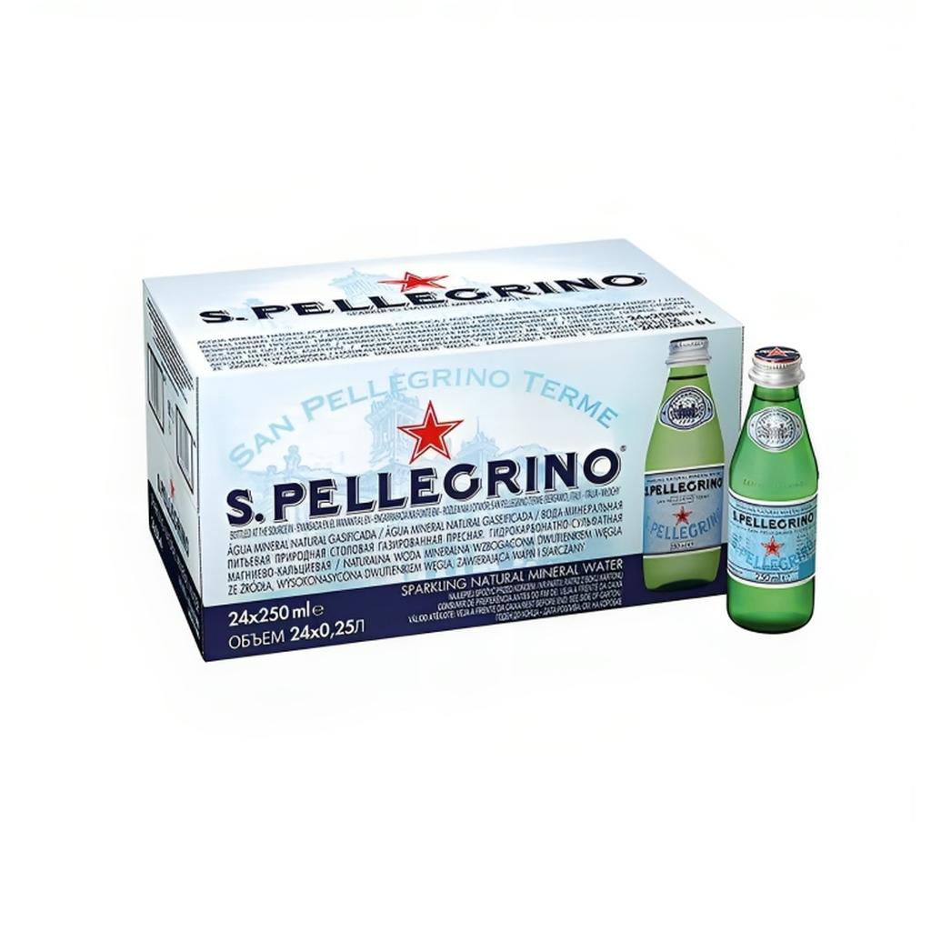 Pack of 24 San Pellegrino Sparkling Natural Mineral Water in 250ml Glass Bottles with branding visible on the packaging and two individual bottles displayed in front.