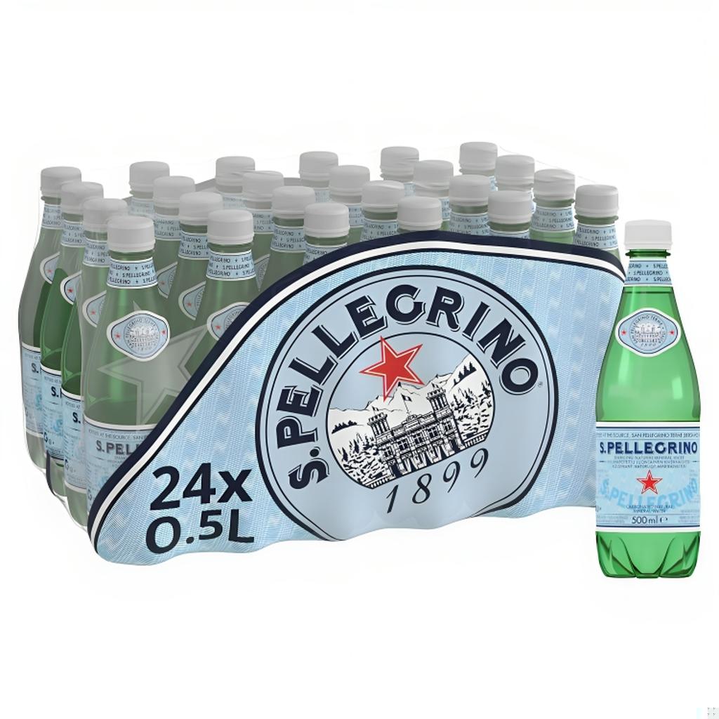 Pack of 24 San Pellegrino Sparkling Natural Mineral Water 500ml plastic bottles with branding and logo visible.