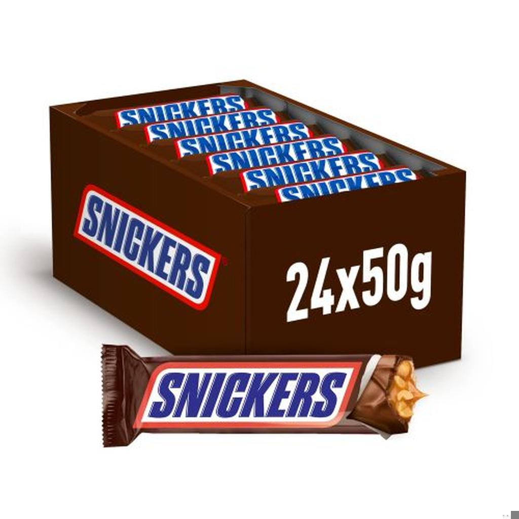 Box of Snickers Peanut Chocolate Bars containing 24 bars each weighing 50g with visible logo and a single bar displayed in front.