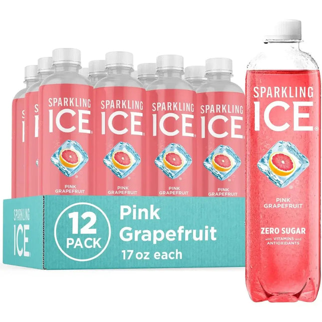 12-pack of Sparkling ICE Pink Grapefruit drinks with a single bottle displayed.