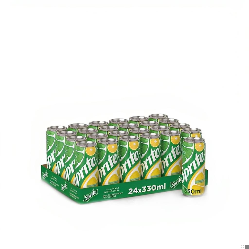 Pack of 24 Sprite Regular Lemon Lime Flavoured Carbonated Soft Drink Cans in 330ml packaging displayed on a white background.