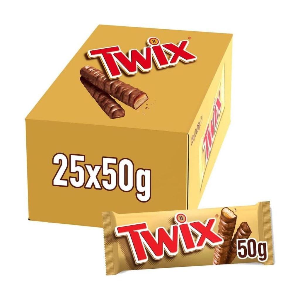 Box of 25 Twix Twin Chocolate Bars, each weighing 50g, with a clear view of the product and packaging.