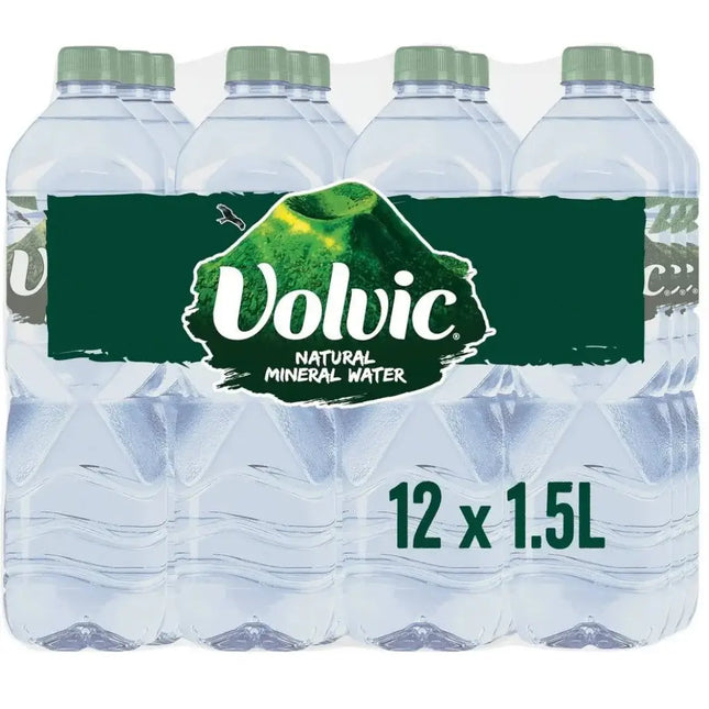 A pack of 12 Volvic Natural Mineral Water bottles, each containing 1.5 liters.